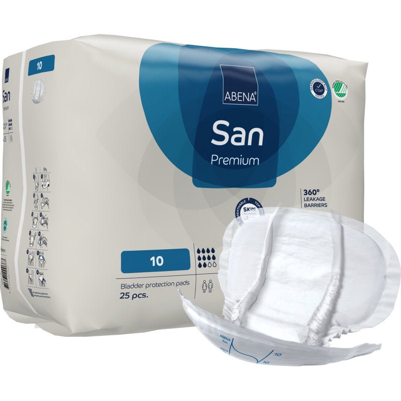 Pictured is a pack of ABENA San Premium from Abena Re-Seller GmbH (25 pads), with one pad lying outside to highlight the high absorbency and reliable incontinence protection. The white packaging is accented with blue.