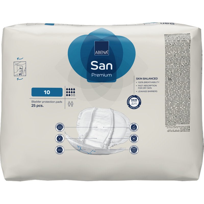 A pack of 25 ABENA San Premium pads from Abena Re-Seller GmbH, size 10, offers bladder protection with high absorbency. The packaging shows the image of the pads and promotes protection against incontinence, absorbency, and skin balance.