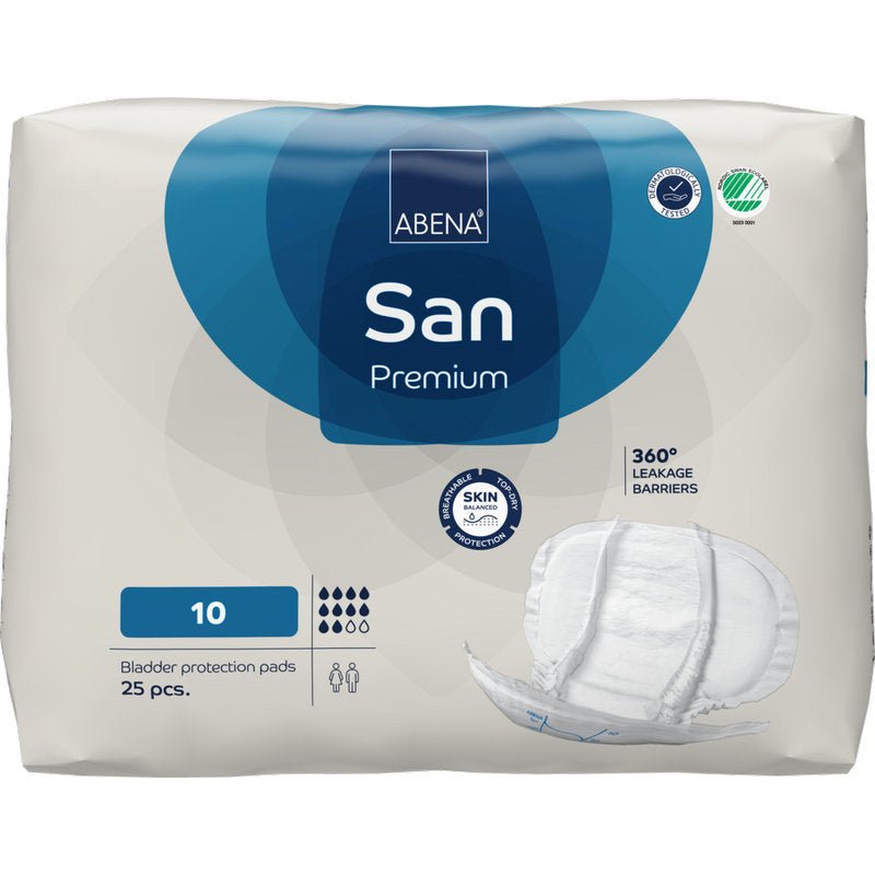 A pack with 25 ABENA San Premium from Abena Re-Seller GmbH, size 10, offers high absorbency, 360° leak protection, and skin-friendly incontinence protection. The packaging shows an illustration of a pad.