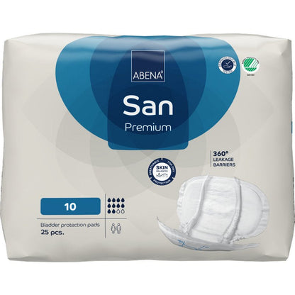 A pack with 25 ABENA San Premium from Abena Re-Seller GmbH, size 10, offers high absorbency, 360° leak protection, and skin-friendly incontinence protection. The packaging shows an illustration of a pad.