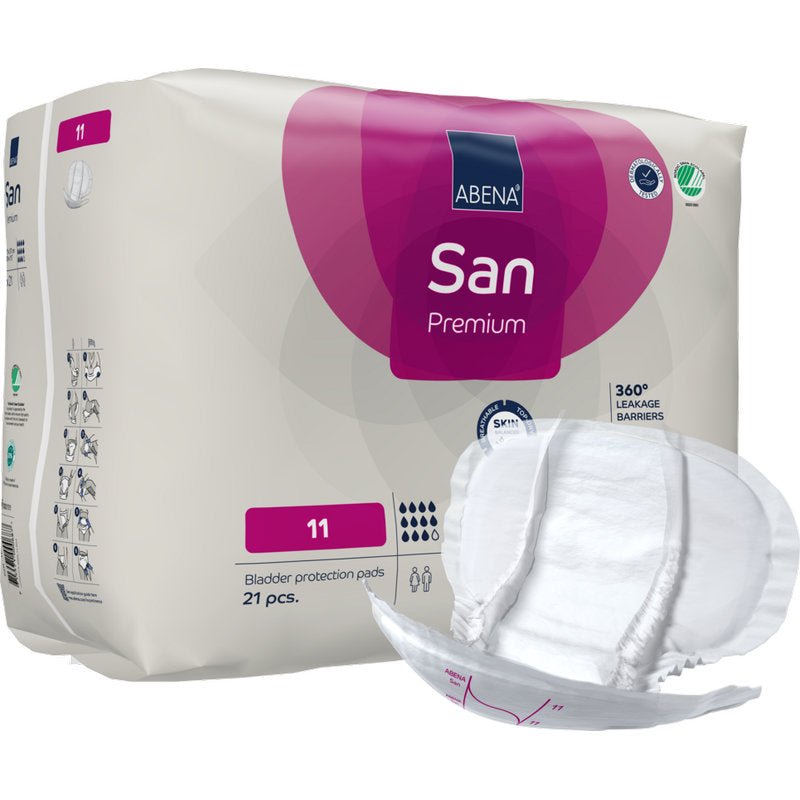 A pack of ABENA San Premium from Abena Re-Seller GmbH, marked for high absorbency (level 11) and containing 21 pads, is depicted with a pad in front to show its design and size.