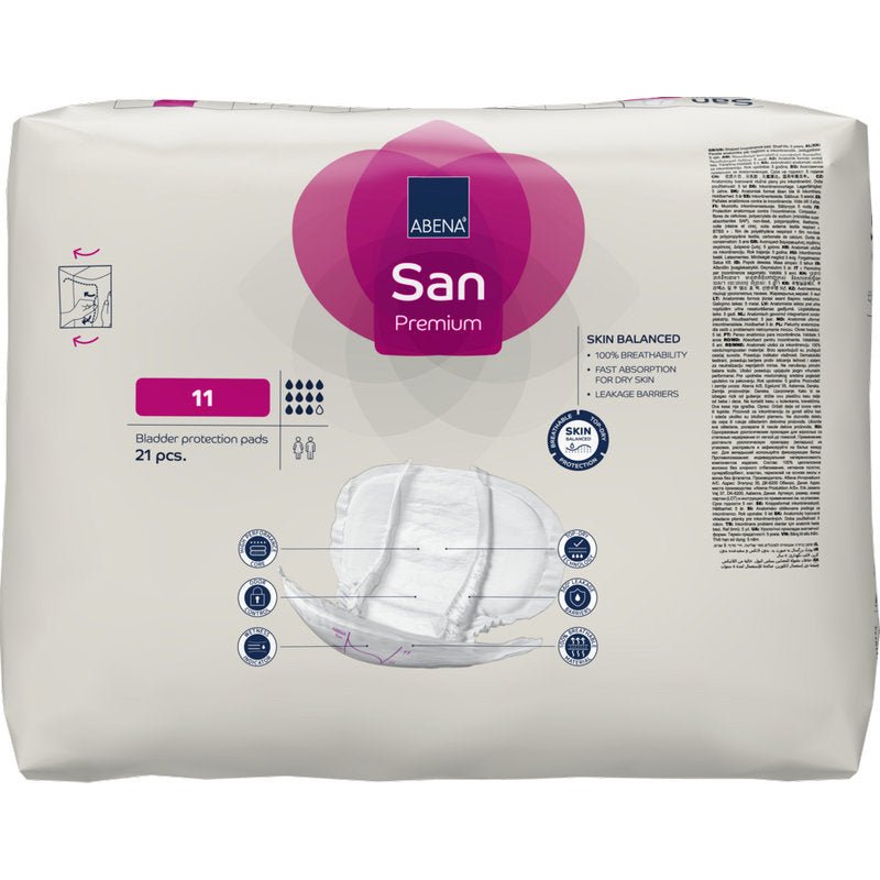 A pack of ABENA San Premium from Abena Re-Seller GmbH, size 11 bladder protection pads (21 pieces). The front highlights incontinence protection, tampon images, and symbols for high absorbency and breathability.