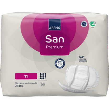 A pack of 21 ABENA San Premium pads from Abena Re-Seller GmbH, size 11, features high absorbency, 360° leakage protection, and skin-friendly material. The right side shows an image of the incontinence pad.