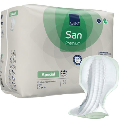 A white-green package labeled "ABENA San Premium" from Abena Re-Seller GmbH, containing 30 highly absorbent incontinence pads, is shown next to one of the individual pads. The product features are depicted on the packaging.