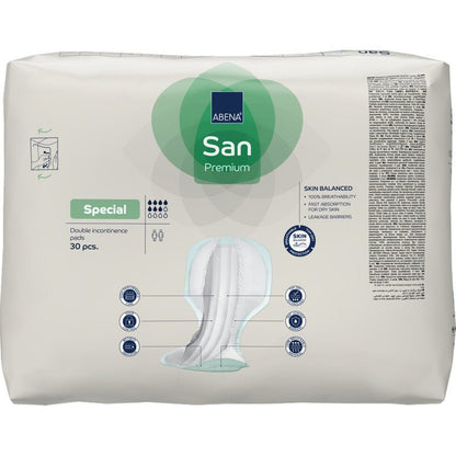 A 30-pack of ABENA San Premium incontinence pads from Abena Re-Seller GmbH with high absorbency. Predominantly white packaging with blue and green accents, product images, and details included.