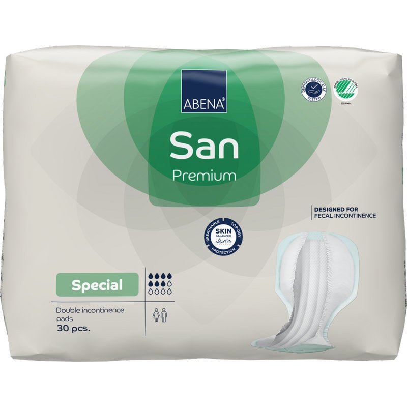 Package with 30 ABENA San Premium incontinence protection pads from Abena Re-Seller GmbH. White-green packaging with product info, symbols for high absorbency, and an image of the pad on the right side.
