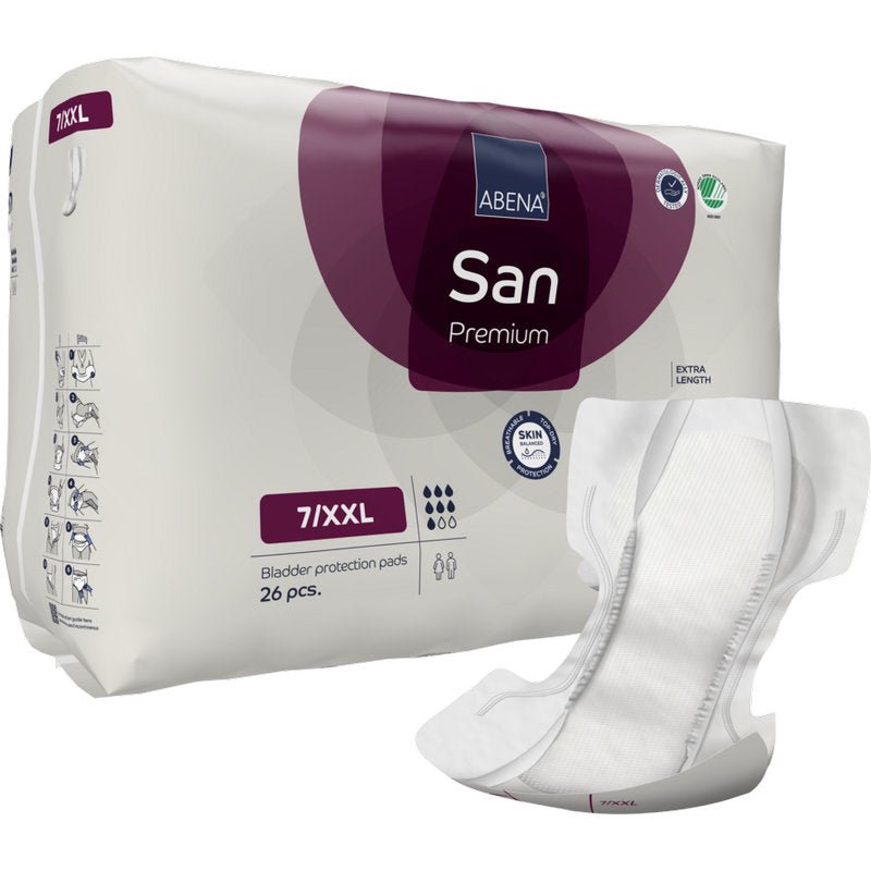 Depicted is a pack of ABENA San Premium from Abena Re-Seller GmbH (26 pieces) with high absorbency, with an unfolded pad in front of the packaging.