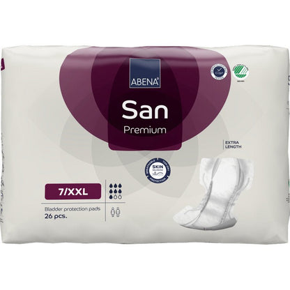 A 26-pack of ABENA San Premium from Abena Re-Seller GmbH with extra-long pads with high absorbency and skin protection symbols on a white and purple brand background.