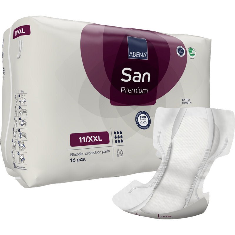 Depicted is a pack of ABENA San Premium from Abena Re-Seller GmbH with a tampon on the front. The pack contains 16 tampons, shows product symbols and branding, and is designed for high absorbency.