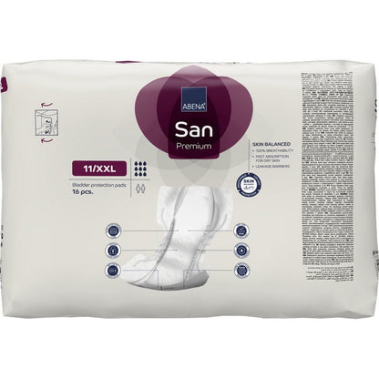 A pack of ABENA San Premium from Abena Re-Seller GmbH (16 pieces), with product details, icons, and a pad illustration on a white background. Now with high absorbency for optimal protection.