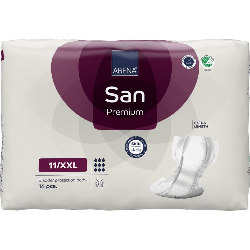 A pack of ABENA San Premium incontinence pads from Abena Re-Seller GmbH with a pad, 16 pieces per pack, and symbols for high absorbency, extra length, and skin-friendly design.