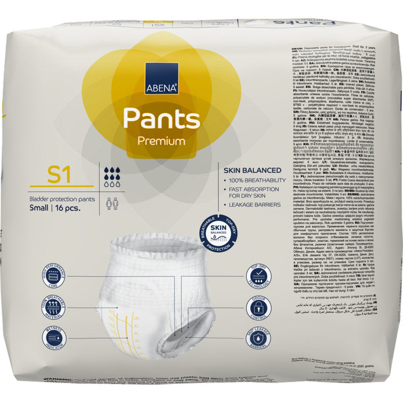 Eine 16-teilige Packung ABENA Pants Premium S von Abena Re-Seller GmbH für Blasenschutz, Größe small. Die überwiegend weiße Verpackung mit gelber und blauer Farbe enthält Produktinformationen, Icons und ein Foto der Inkontinenzhose.