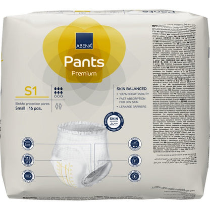 A 16-piece pack of ABENA Pants Premium S from Abena Re-Seller GmbH for bladder protection, size small. The predominantly white packaging with yellow and blue colors contains product information, icons, and a photo of the incontinence pants.