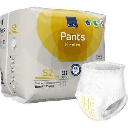 Pictured is a pack of ABENA Pants Premium S from Abena Re-Seller GmbH (small size, 16 pieces) with a diaper pant beside it. The packaging features certification logos and detailed information about incontinence products.