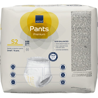 A pack of ABENA Pants Premium S from Abena Re-Seller GmbH in size Small contains 16 pieces in a mostly white package with yellow and blue accents and offers reliable incontinence protection with clear product information on the front.