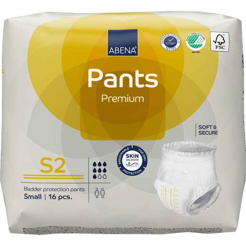 The ABENA Pants Premium S from Abena Re-Seller GmbH, size S2, is available in a pack of 16. The yellow-gray packaging emphasizes the "soft & secure" comfort and skin protection in incontinence care.