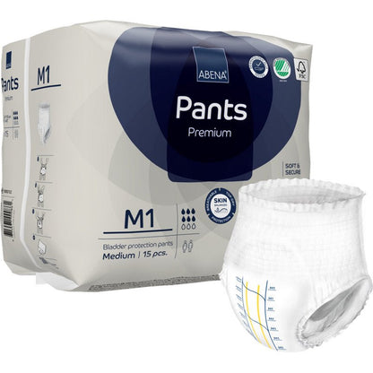 A pack of ABENA Pants Premium M from Abena Re-Seller GmbH contains 15 medium-sized disposable pants, each of which is pictured outside the package for reliable bladder protection.