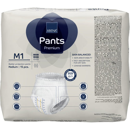 A pack of ABENA Pants Premium M from Abena Re-Seller GmbH, medium size, contains 15 pieces. The packaging includes symbols and text for high absorbency, breathability, absorption, and skin balance.