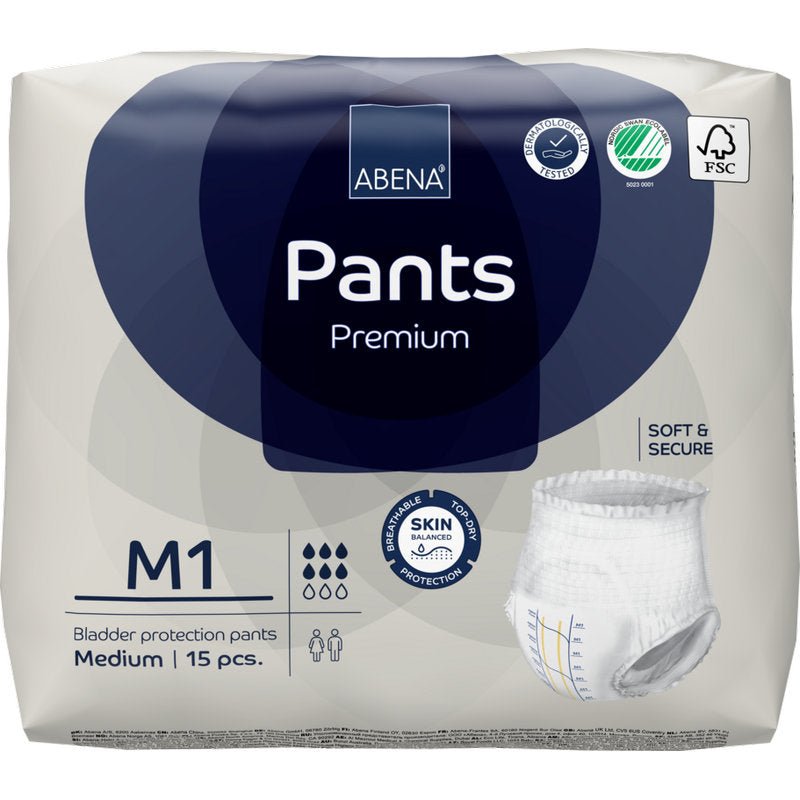 A 15-pack of ABENA Pants Premium M from Abena Re-Seller GmbH comes in a mostly white packaging with blue accents, product images, and certification logos highlighting the premium bladder protection.