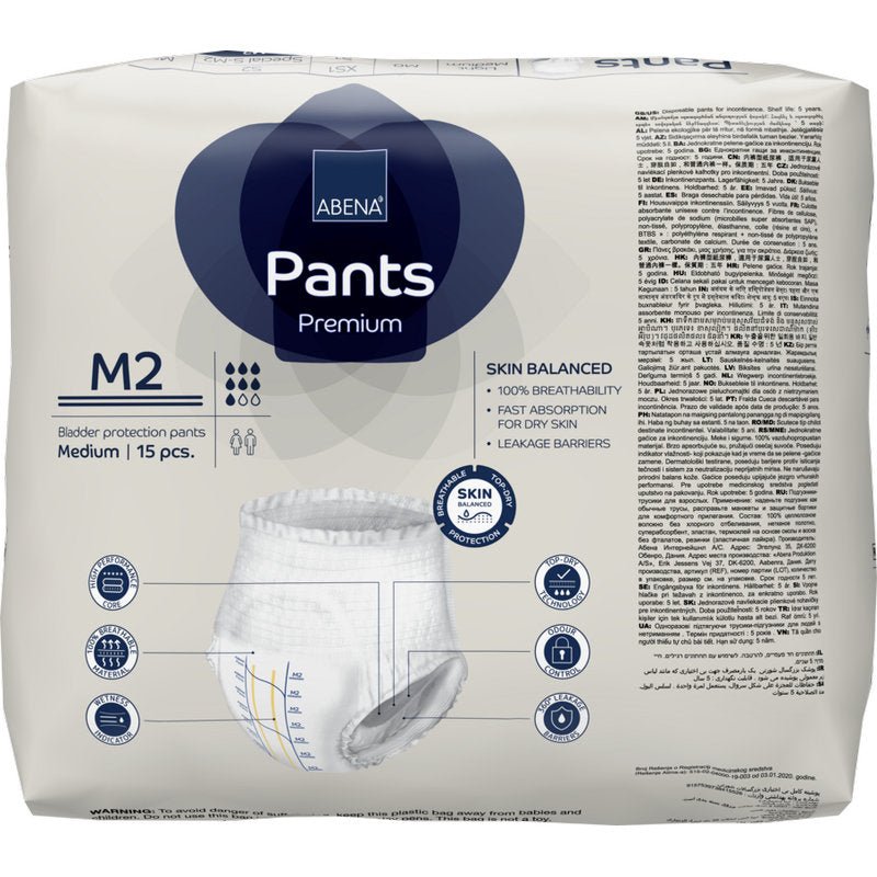 A pack of 15 ABENA Pants Premium M from Abena Re-Seller GmbH, medium-sized disposable pants with high absorbency. The packaging displays product details, icons, and images in multiple languages.