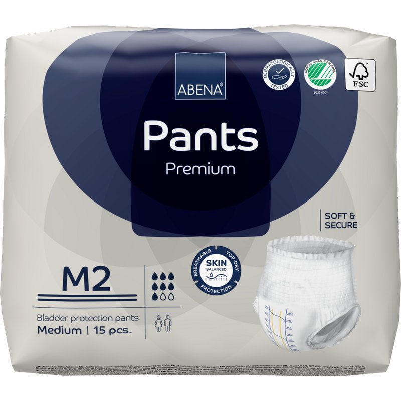 A 15-piece pack of ABENA Pants Premium M from Abena Re-Seller GmbH. The white-blue packaging shows icons for high absorbency, skin protection, absorbency, and eco-certification.