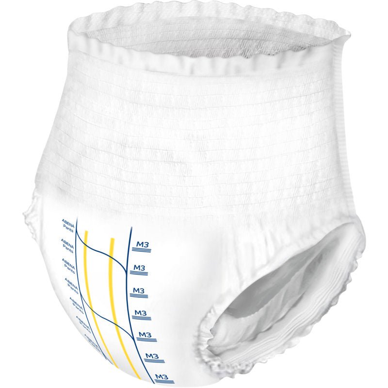 The ABENA Pants Premium M from Abena Re-Seller GmbH, a white adult incontinence pant with measurement markings and blue/yellow lines on one side, is depicted on a plain white background.