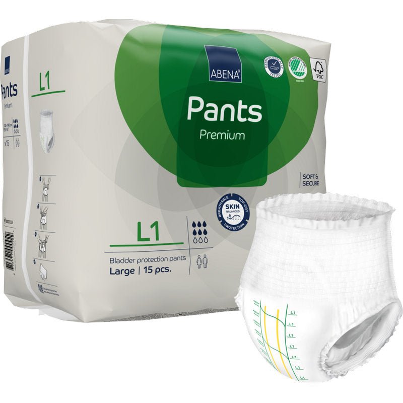 A 15-pack of ABENA Pants Premium L from Abena Re-Seller GmbH offers reliable leakage protection. The white-green packaging shows a single pant with practical measurement lines on the front.