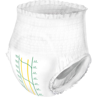 The unworn ABENA Pants Premium L from Abena Re-Seller GmbH is a disposable pant for adults with an elastic waistband and leg openings, green/yellow indicator lines, a numbered wetness scale, and provides reliable incontinence protection.