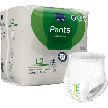 A pack of ABENA Pants Premium L from Abena Re-Seller GmbH contains 15 leakage protection pants (size L2) in white packaging with green accents, highlighting the leakage protection features and showing a sample pant.