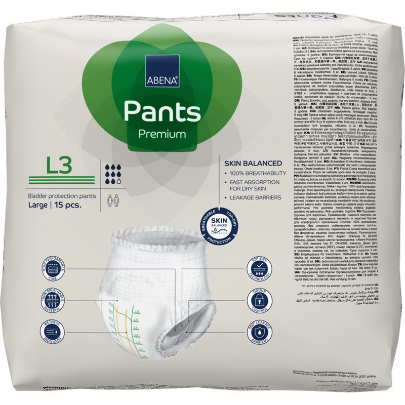 A pack of ABENA Pants Premium L from Abena Re-Seller GmbH, large size, with 15 pieces. The packaging highlights product features and leakage protection details and shows an image of a protective pant.