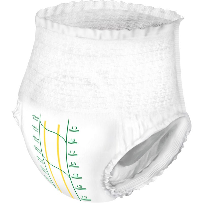 The ABENA Pants Premium L from Abena Re-Seller GmbH has an elastic waistband, white color, and a printed wetness indicator with green/yellow markings on the front for optimal leakage protection, absorbency, and comfort.