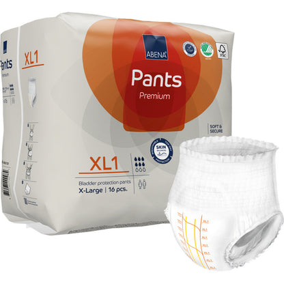A pack of ABENA Pants Premium XL from Abena Re-Seller GmbH, size X-Large (16 pieces), with an unfolded pull-up pant on the front. The packaging features certification logos for premium bladder protection.
