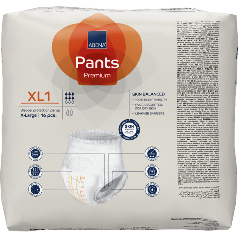 A package of ABENA Pants Premium XL from Abena Re-Seller GmbH, size X-Large, 16 pieces, offers reliable bladder protection with breathable and skin-friendly properties listed on the front.