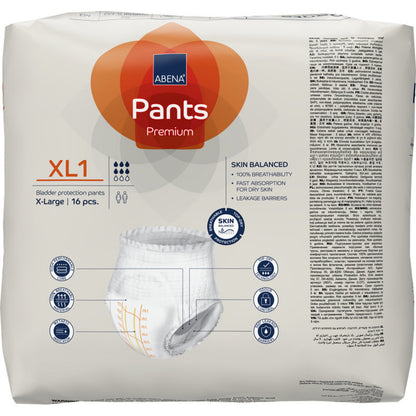 A package of ABENA Pants Premium XL from Abena Re-Seller GmbH, size X-Large, 16 pieces, offers reliable bladder protection with breathable and skin-friendly properties listed on the front.