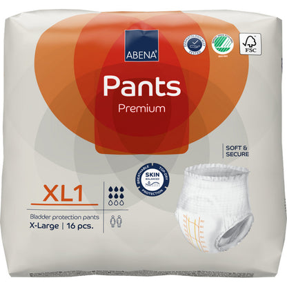 A package of ABENA Pants Premium XL from Abena Re-Seller GmbH, size X-Large, 16 pieces. Comes in white packaging with orange accents showing product images and certification logos.