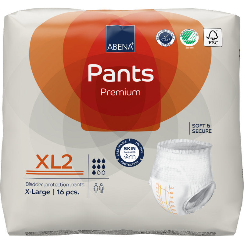 A pack of ABENA Pants Premium XL from Abena Re-Seller GmbH, size XL2, contains 16 pieces in white packaging with orange accents, certification logos, and a product image.