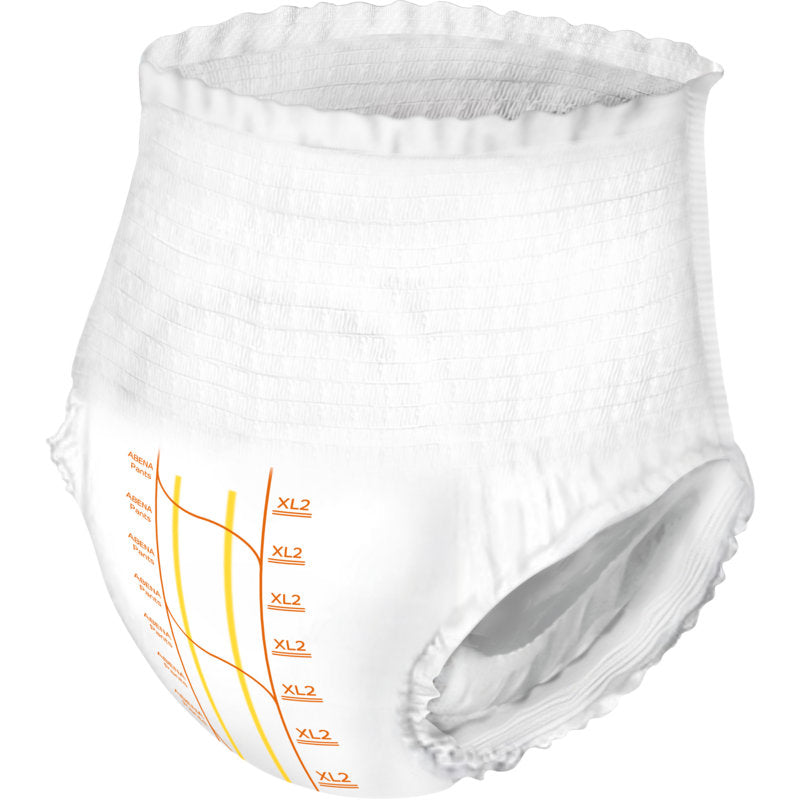 The ABENA Pants Premium XL from Abena Re-Seller GmbH is a white adult incontinence brief with an elastic waistband and leg closures, orange size indications, and XL2 on the front. This breathable pant belongs to the ABENA Pants Premium XL series.