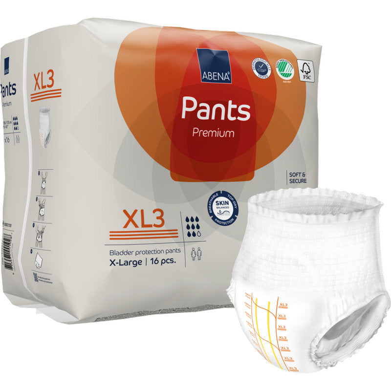 Pictured is a pack of ABENA Pants Premium XL from Abena Re-Seller GmbH, size X-Large (16 pieces), with the product name and an incontinence brief with measurement markings next to the pack.