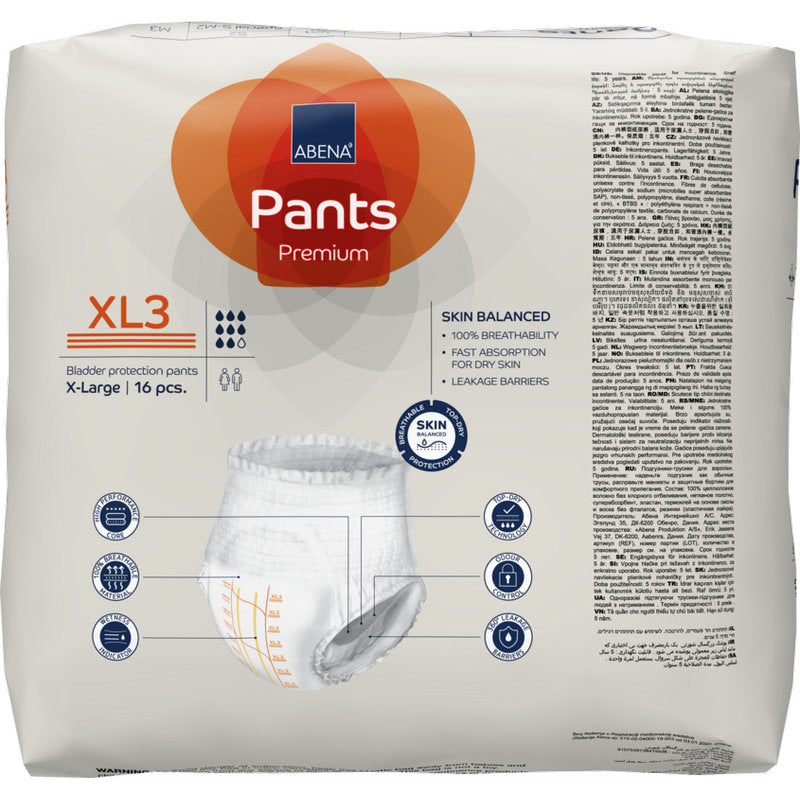 A pack of ABENA Pants Premium XL from Abena Re-Seller GmbH (X-Large, 16 breathable incontinence pants) is equipped with product information, an image, and symbols for breathability and quick absorption on the packaging.