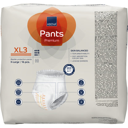 A pack of ABENA Pants Premium XL from Abena Re-Seller GmbH (X-Large, 16 breathable incontinence pants) is equipped with product information, an image, and symbols for breathability and quick absorption on the packaging.
