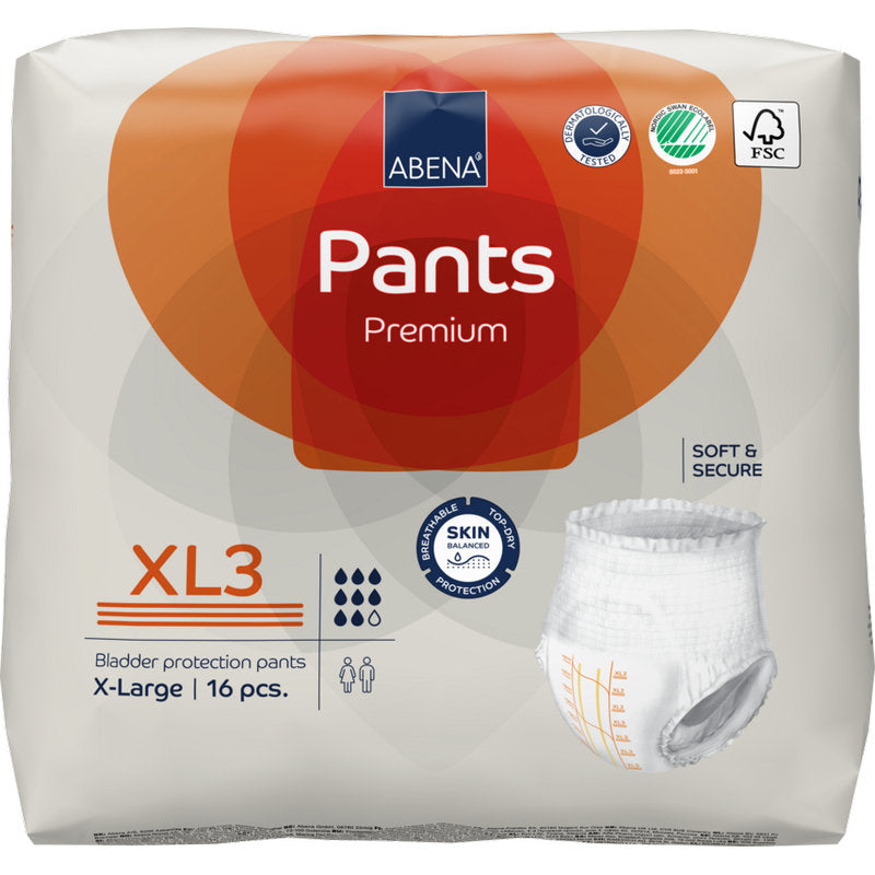 A pack of ABENA Pants Premium XL from Abena Re-Seller GmbH, size XL3 extra-large, contains 16 pieces. The packaging features certification logos and an illustration of a single protective underwear.