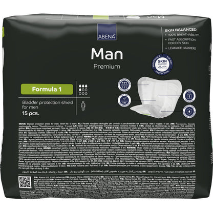 Eine 15er-Packung ABENA Man Formula Premium von Abena Re-Seller GmbH, in schlichter schwarzer Verpackung mit Produktdetails und Bildern des Inkontinenzschutzes für Männer auf der Vorderseite.
