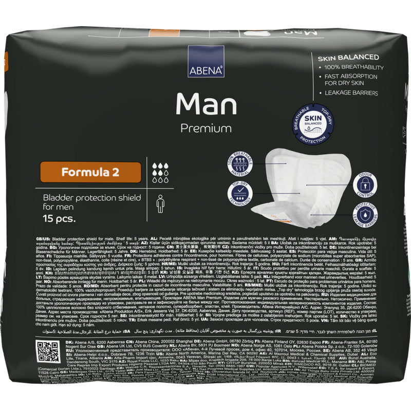 Eine Packung ABENA Man Formula Premium von Abena Re-Seller GmbH, Formel 2 (15 Stück), sorgt für schnelle Absorption, volle Atmungsaktivität und starke Auslaufbarrieren für optimalen Schutz für Männer.