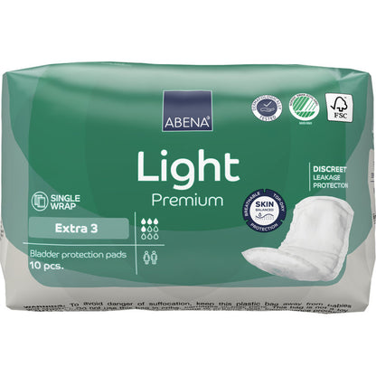 Eine grün-weiße Packung ABENA Light Extra 3, Premium von Abena Re-Seller GmbH, enthält 10 Stück Blasenschutzeinlagen. Die Verpackung zeigt die Eigenschaften und ein Bild der Einlage auf der rechten Seite für den täglichen Komfort.