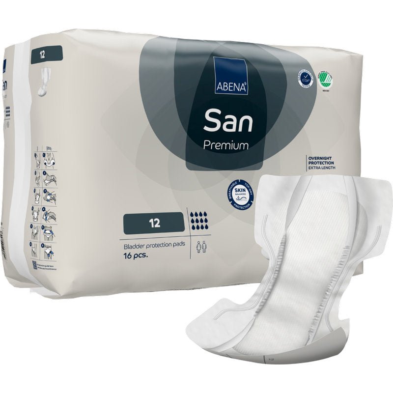 A pack of ABENA San Premium from Abena Re-Seller GmbH is depicted next to a single opened tampon. The packaging indicates the quantity, high absorbency, absorbency strength, and various product symbols.