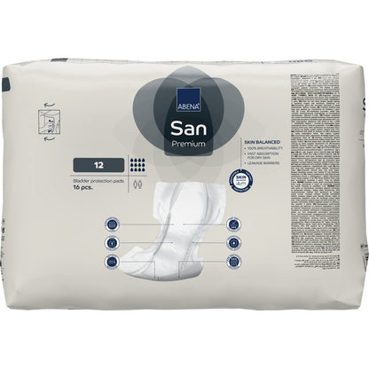 A pack of ABENA San Premium from Abena Re-Seller GmbH, size 12, contains 16 pads for bladder protection. The white packaging with blue and gray accents emphasizes high absorbency and key features for incontinence care.