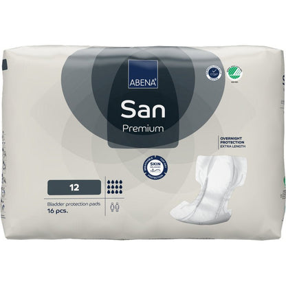 A pack of 16 ABENA San Premium bladder protection pads from Abena Re-Seller GmbH in white and gray packaging with a tampon image and symbols for incontinence protection, high absorbency, overnight use, and skin protection.