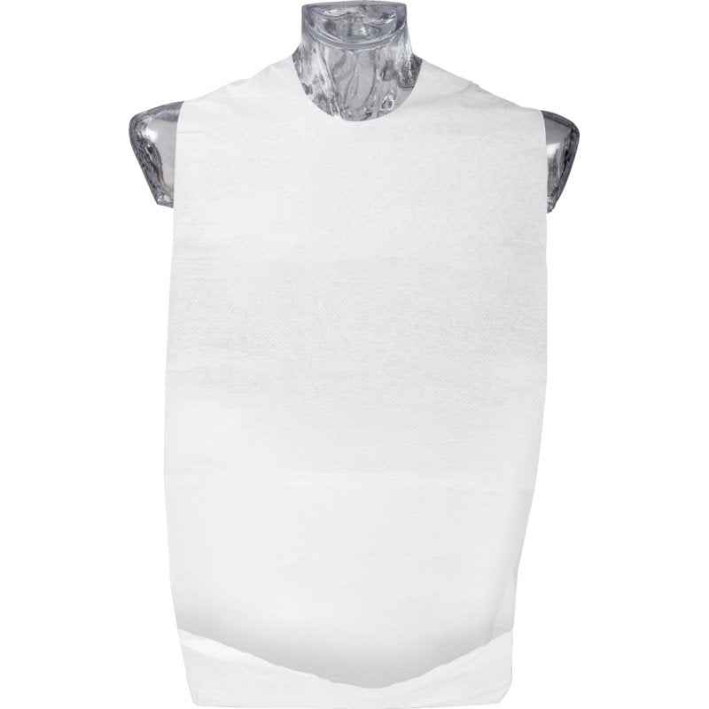 A transparent mannequin torso displays the ABENA Excellent Disposable Feeding Bib with Pocket, 37x70 cm, White (Pack of 100 pieces) by Abena Re-Seller GmbH, shown on a white background for a hygienic appearance.