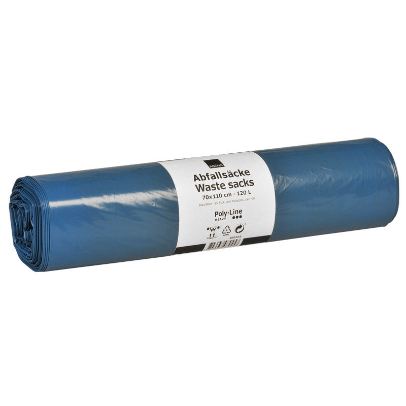 A roll of Abena Re-Seller GmbH garbage bags 120 L, 700x1100 mm, blue (15 bags/roll), with a white label in German and English with product information.