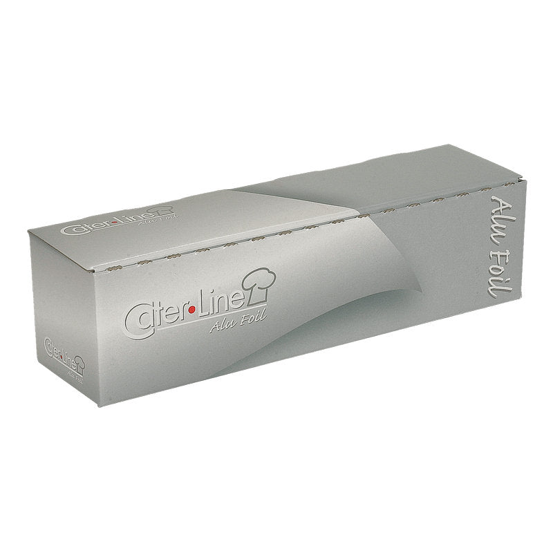 A rectangular box of Abena Re-Seller GmbH aluminum foil in cut box, 29.5 cm x 150 m, 11 my, with gray and silver packaging and labeled sides, is shown on a white background.